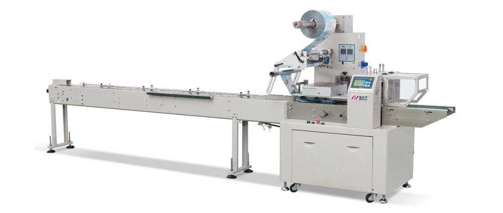 Side-profile view of the ZP-500W packaging machine showing the conveyor frame and control panel