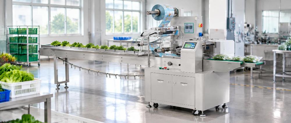 Side view of the ZP-3000S packaging machine showing stainless steel casing and infeed conveyor
