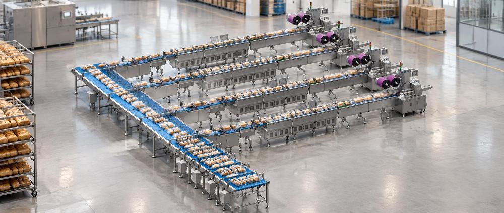 Isometric 3D CAD rendering of a multi-line packaging system with central feeding conveyor